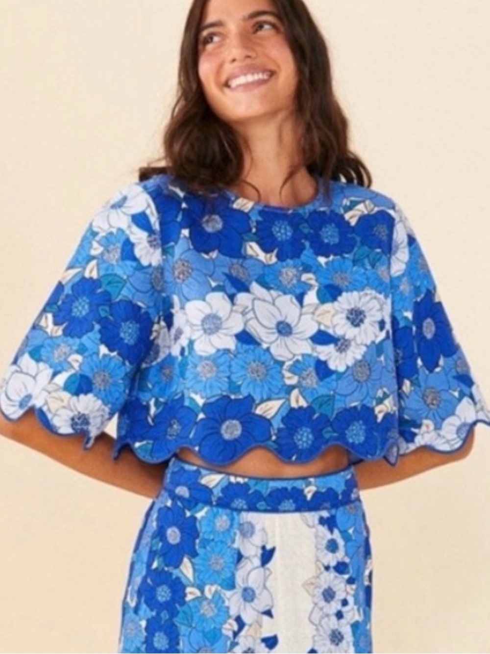 FARM Rio Blue & White Floral Scallop Crop Top